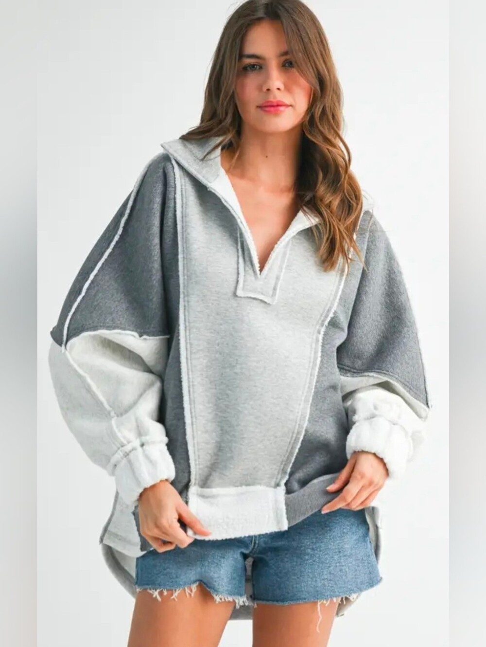 Lallie Oversized Slate Gray Tunic V-neck Sweatshirt Small,Med,Large AEMI+CO  NWT